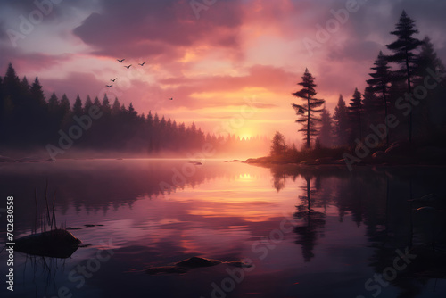 Sunset reflection on a forest lake, sunset over the river or lake, peach fuzz background