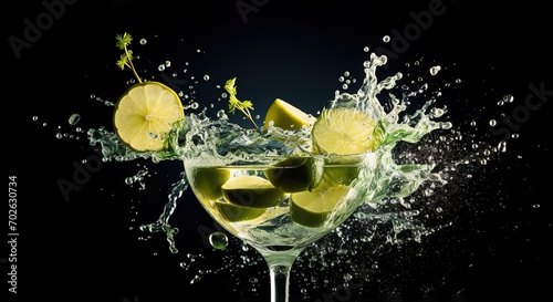 Green lemon fruit slices falling into glass on black background