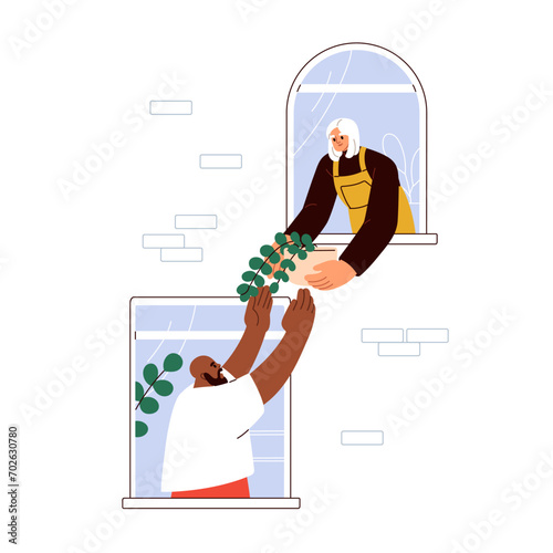 Neighbors communication. Friendly neighborhood concept. Happy neighbour friends relationships, neighbourhood. Sharing house plant through window. Flat vector illustration isolated on white background
