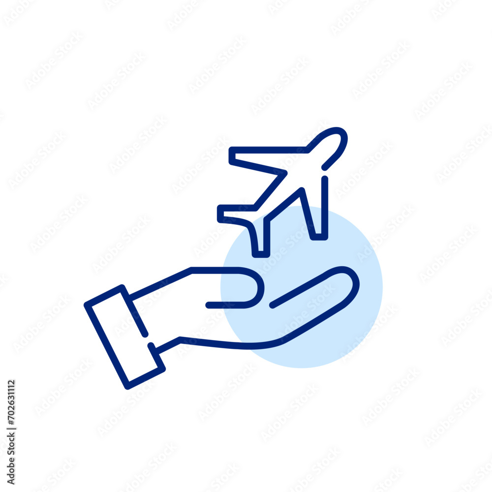 Hand holding a plane taking away. Airlines company. Pixel perfect, editable stroke icon Hand holding a plane taking away. Airlines company. Pixel perfect, editable stroke icon