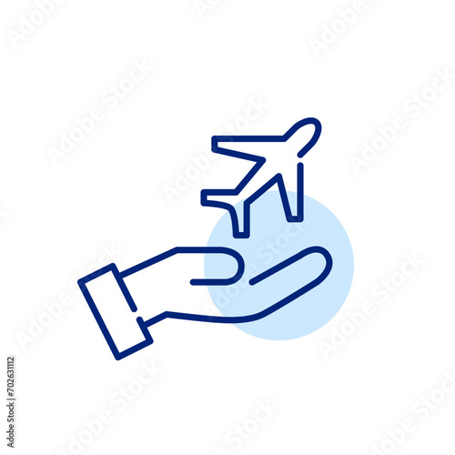 Hand holding a plane taking away. Airlines company. Pixel perfect, editable stroke icon