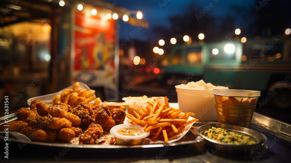 Close up portrait of junk food on a counter top of a food truck, evening atmosphere with blurred bokeh lights