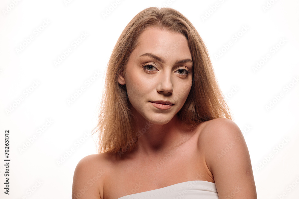 Beauty portrait of pretty blonde girl on isolated white background. Skin care concept Beauty portrait of pretty blonde girl on isolated white background. Skin care concept