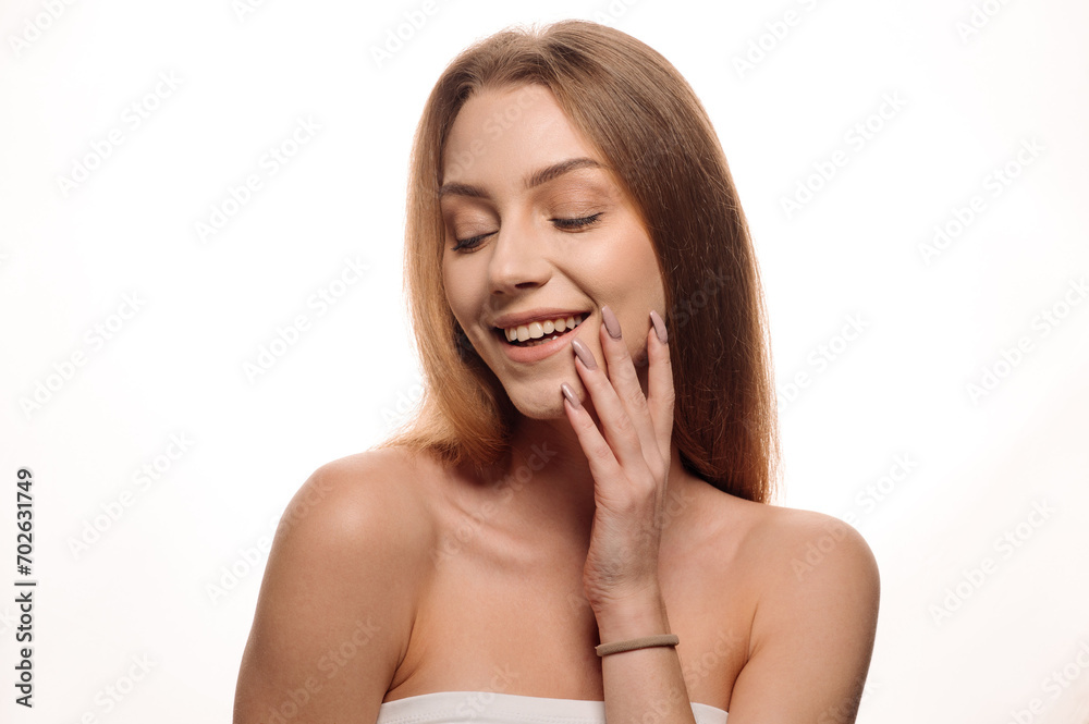 Beauty portrait of pretty blonde girl on isolated white background. Skin care concept Beauty portrait of pretty blonde girl on isolated white background. Skin care concept