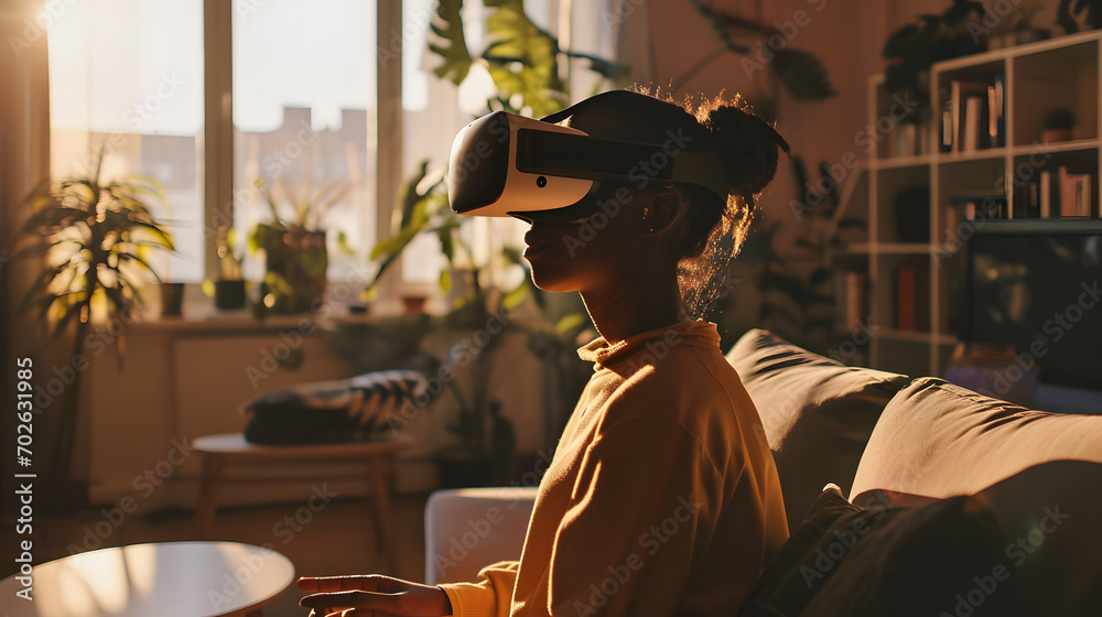 user, wearing a VR headset, in their living room, which is bathed in the soft, ambient light from the screen