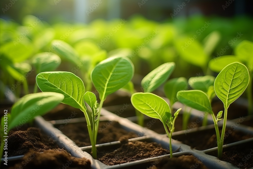 Early growth of tobacco seedlings in a nursery, with sunlight highlighting the vibrant green leaves and soil. Early growth of tobacco seedlings in a nursery, with sunlight highlighting the vibrant green leaves and soil.