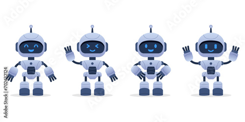 Robot, chat bot neural network, AI servers and robots technology. Set of cute robot ai character.