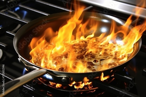 Flambe-cooking procedure in wich alcohol is added to a hot pan to create a burst of flames