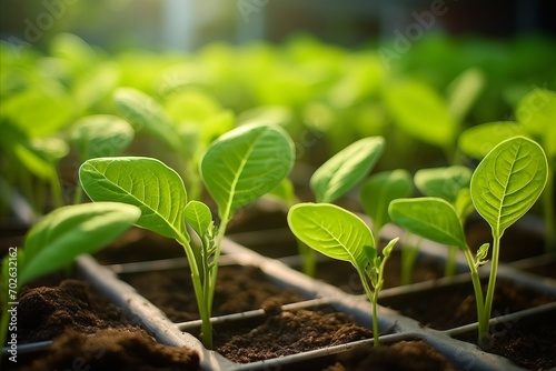 Early growth of tobacco seedlings in a nursery, with sunlight highlighting the vibrant green leaves and soil.