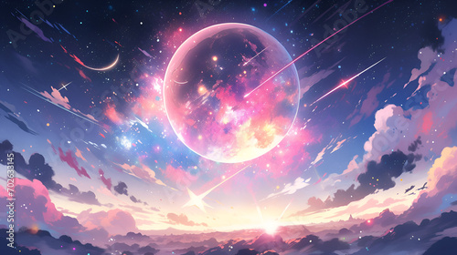 colorful galaxy with planet lofi style, anime style photo