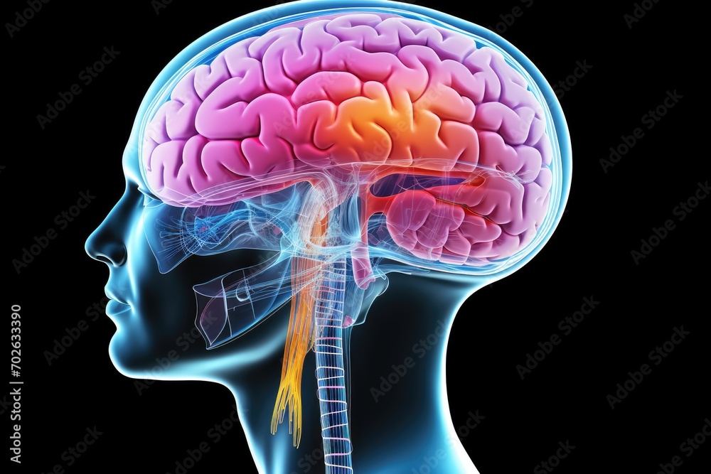 Obraz premium Human Brain neuronal network neural architecture: Neurons transmit signals via axons and dendrites, forming synapses. Neurotransmitters modulate communication, brain function