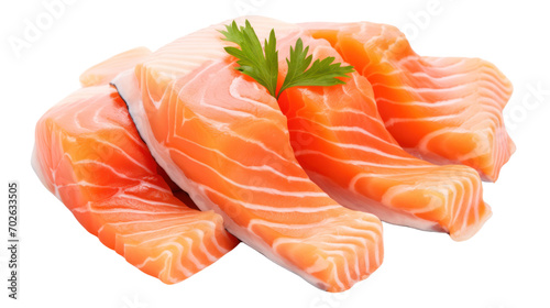 Salmon fillets on packaging in foreground of busy food factory isolated on transparent and white background.PNG image.