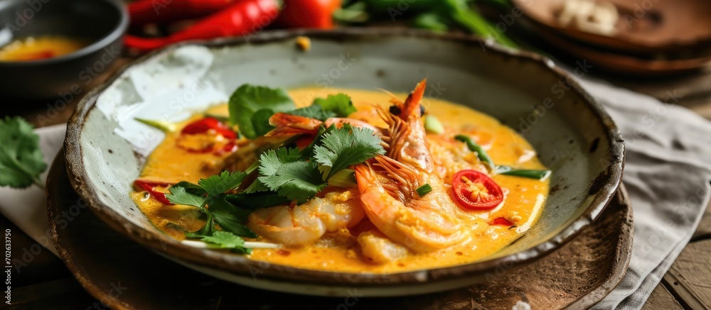 Thai orange curry with shrimp and cha-om omelette, a popular dish found in Thai restaurants.