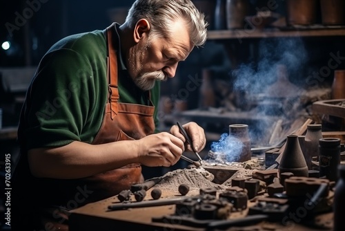 Craftsman in a workshop shaping a smoking pipe, surrounded by tools and wood shavings photo