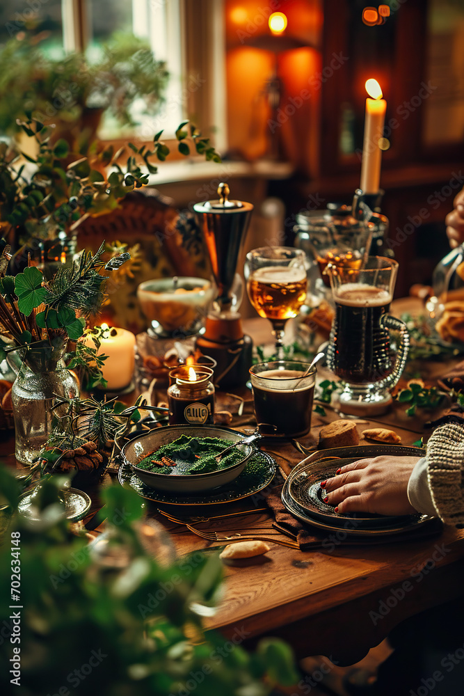 Naklejka premium Cozy St. Patrick's Day gathering with friends sipping Irish coffee