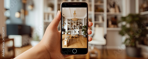 hands holding a Smartphone and take a picture of modern livingroom. Interior designer work with mobile. photo