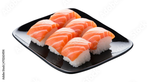 Salmon sushi nigiri in black plate isolated on transparent and white background.PNG image.