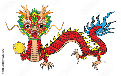 Cute baby or young Chinese dragon catch or playing golden ball drawing in colorful cartoon vector