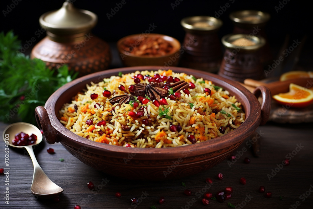 Appetizing traditional pilaf with spices and pomegranate seeds, selective focus Appetizing traditional pilaf with spices and pomegranate seeds, selective focus