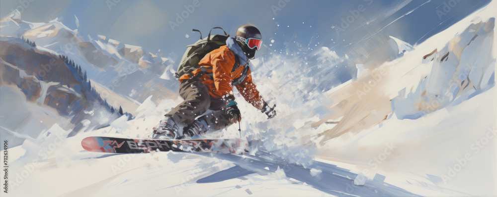 Snowboarder on winter slope in speed. Snowboarder jumping through snowy air.