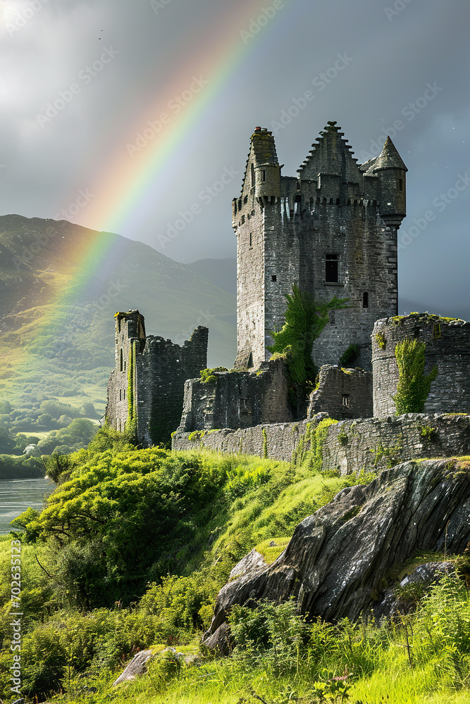 Leprechaun and a rainbow over an Irish castle