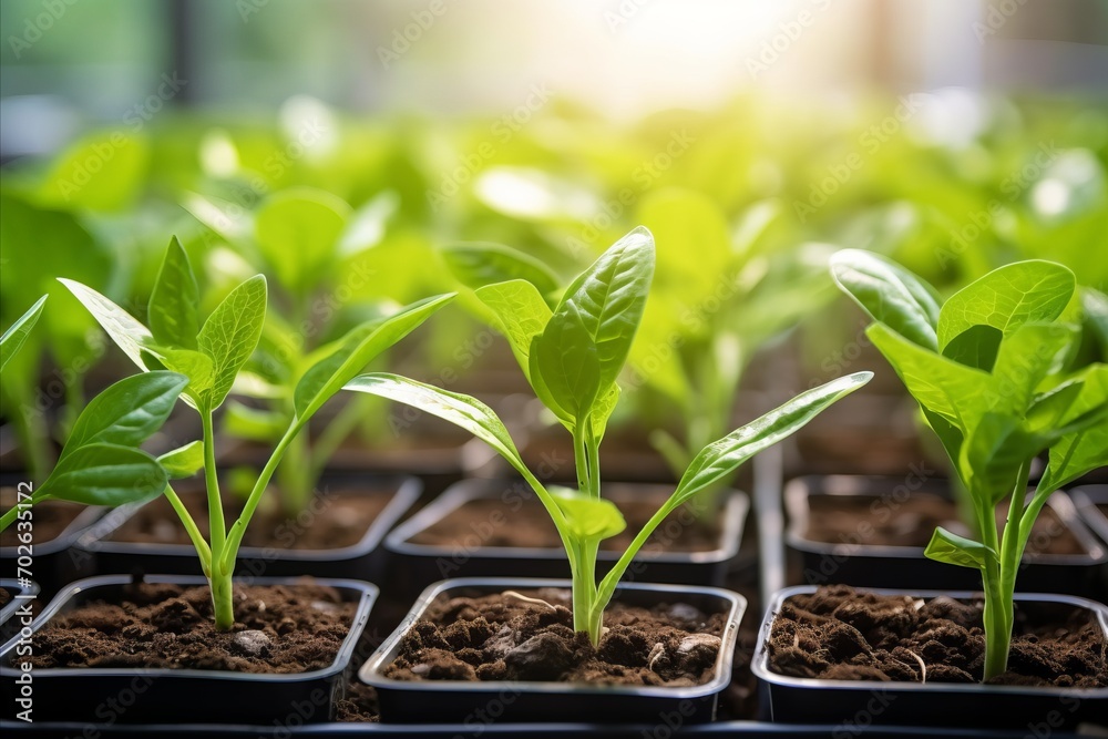 Close-up of young tobacco seedlings growing in a greenhouse, with the bright light of dawn streaming in Close-up of young tobacco seedlings growing in a greenhouse, with the bright light of dawn streaming in