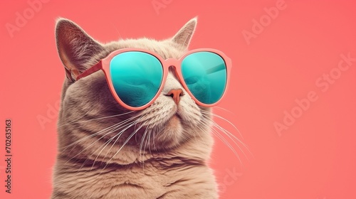Illustration of a stylish cat wearing green sunglasses with orange frames on an orange background with copy space
