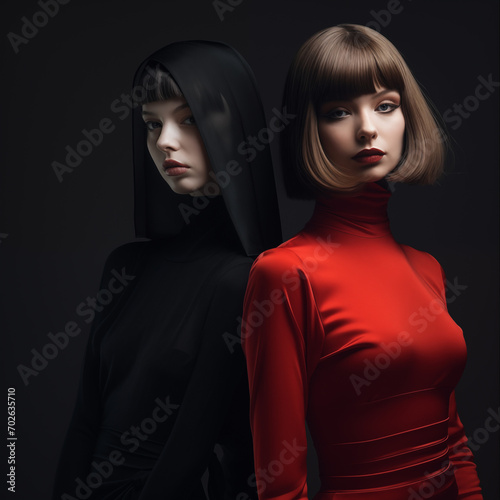 Modern outfits inspired by Mario Bava, fashion. black background 