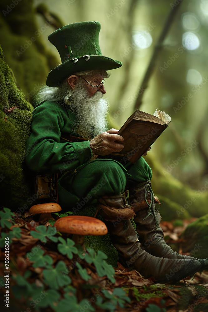 Leprechaun sitting on a mushroom reading a book