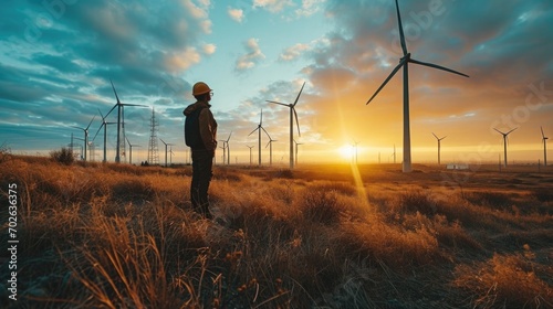 Wind Farm, engineer inspecting turbines, expansive wind farm at dawn, sky blues and earth browns, hard hat, safety goggles photo