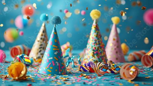 Birthday party caps, blowers and confetti on blue background, Happy birth day photo