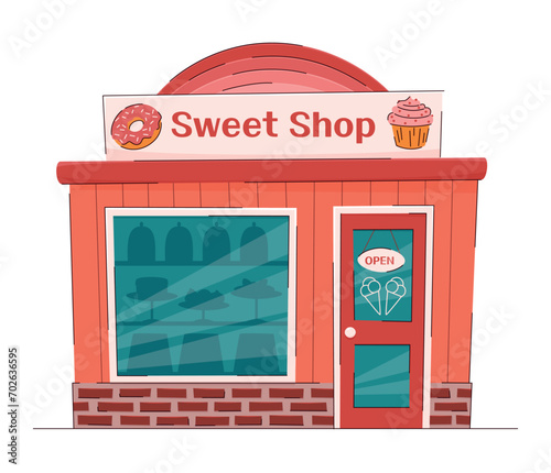 Sweet shop building facade. Cute little candy store with showcase