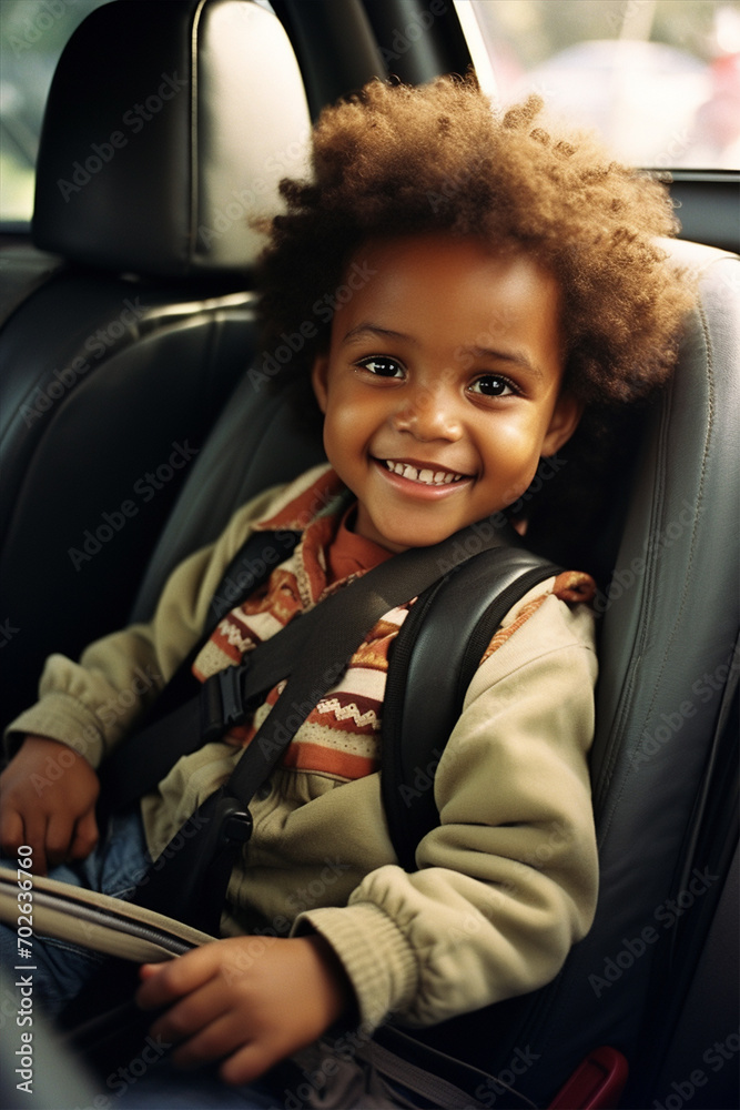 Portrait of an African boy wearing a seat belt in a car, child car seat, selective focus Portrait of an African boy wearing a seat belt in a car, child car seat, selective focus