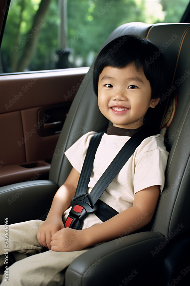 Asian boy wearing seat belt in car, child car seat, selective focus Asian boy wearing seat belt in car, child car seat, selective focus