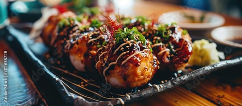 Japanese food: takoyaki with octopus photo