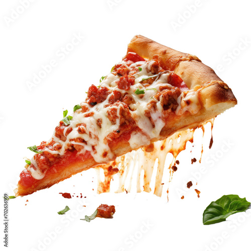 Slice of meet ball pizza flying isolated on transparent background,A hot pizza slice with dripping melted cheese.