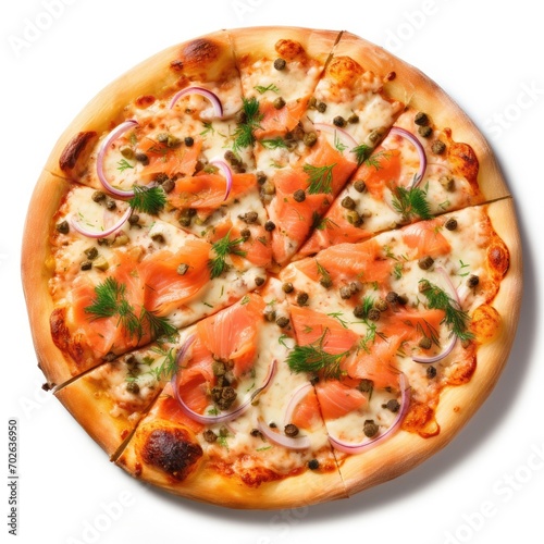 Slice of smoke salmon pizza flying isolated on transparent background,A hot pizza slice with dripping melted cheese.