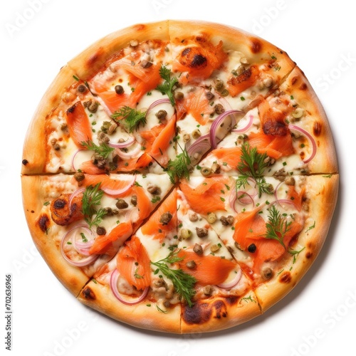Slice of smoke salmon pizza flying isolated on transparent background,A hot pizza slice with dripping melted cheese.