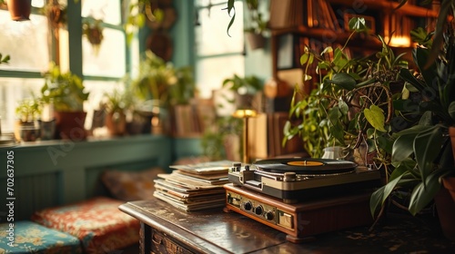 vintage record player next to a stack of vinyls, interior of a retro cafe, 1980s nostalgia, pastel color palette photo