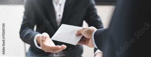 Tablou pe pânză Close up view of  office worker receiving salary from boss.