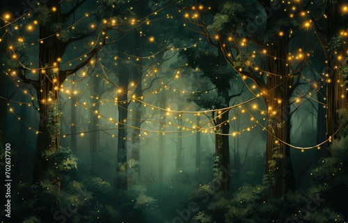 An illustration of trees at night with twinkling yellow glitter lights. Generative AI