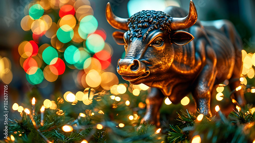 bronze bull statue among Christmas tree branches with lights. Colorful bokeh lights are in the background