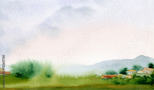 Watercolor painting. Landscape with a village