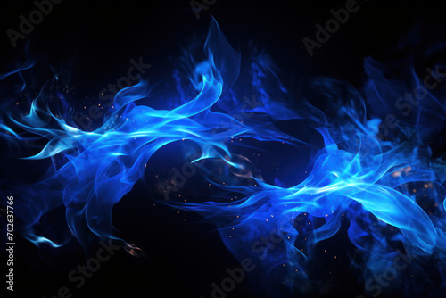 Tongues of blue fire on clear black background, blue flames and sparks background design