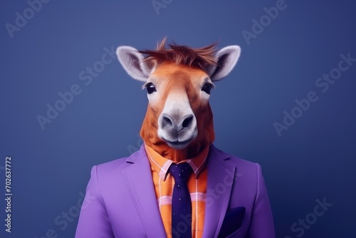 Ruminant animal that looks like cow or horse in purple business suite on purple studio background. Stupid coworker or boss concept 