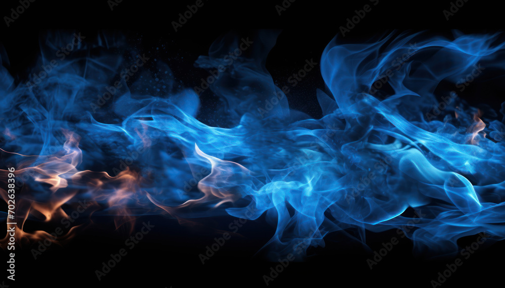 Tongues of blue fire on clear black background, blue flames and sparks background design Tongues of blue fire on clear black background, blue flames and sparks background design
