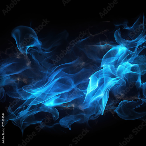 Tongues of blue fire on clear black background, blue flames and sparks background design