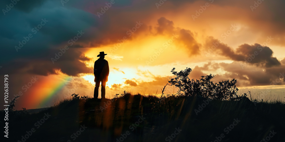 Fototapeta premium Silhouette of a leprechaun at sunset with a rainbow