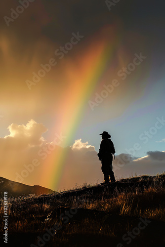 Silhouette of a leprechaun at sunset with a rainbow