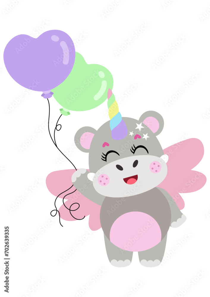 Cute happy unicorn hippo holding balloons Cute happy unicorn hippo holding balloons